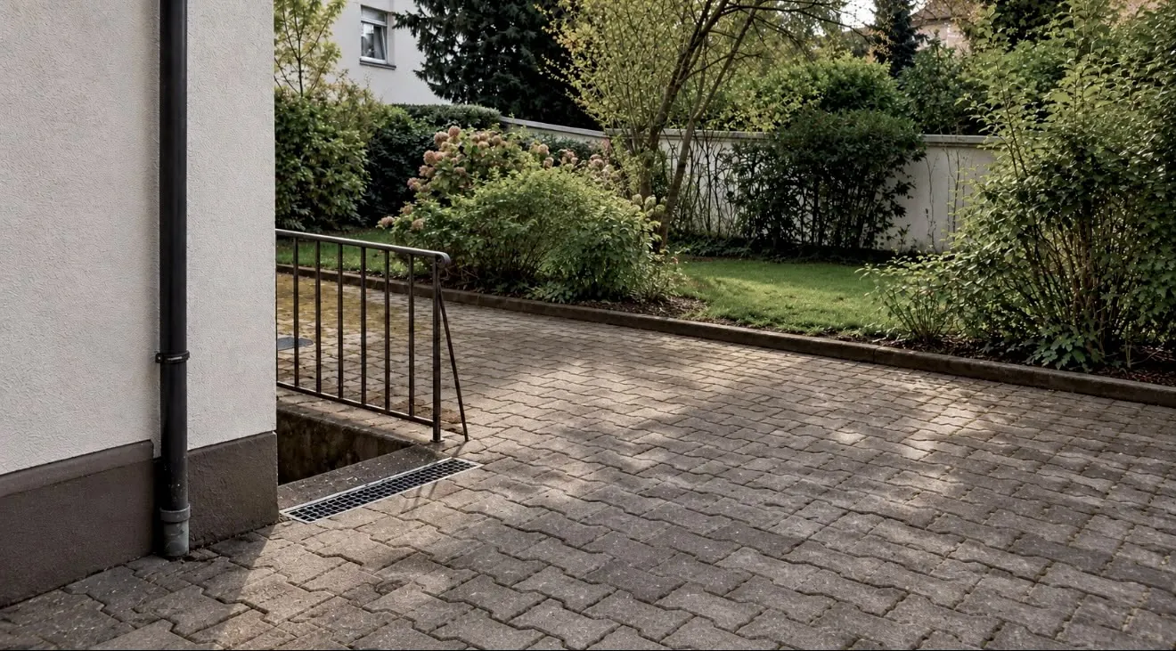Nachher: gepflegter Pflasterhof ohne Unkraut, mit Rasen und Beeten