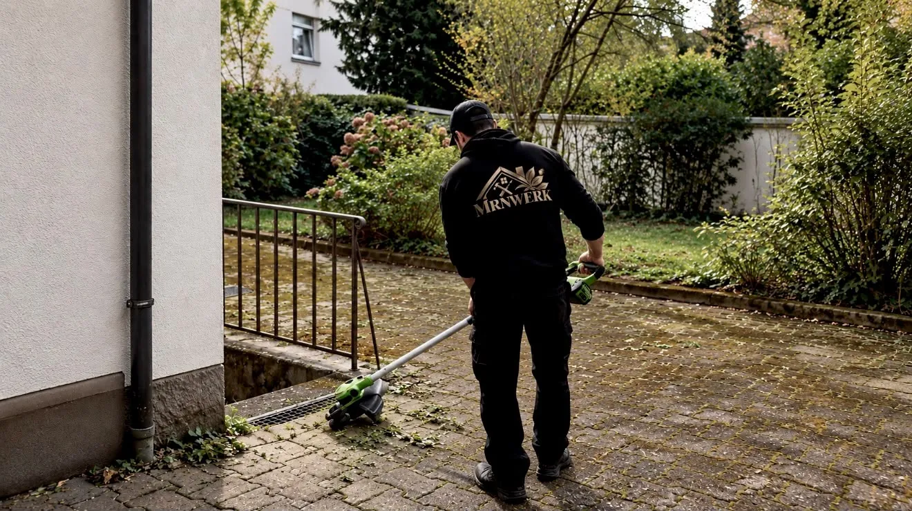 Handwerker von MRNWERK entfernt mit dem Rasentrimmer Unkraut in einem gepflasterten Hof