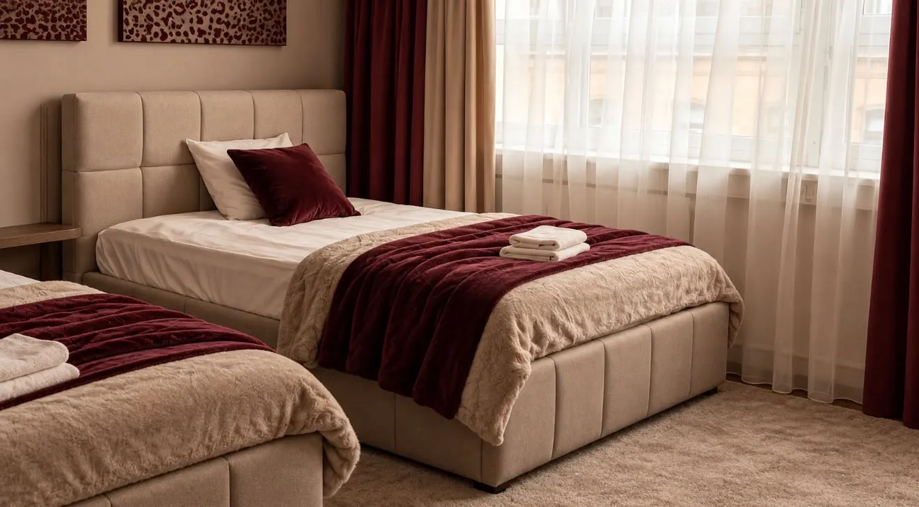 Schlafzimmer mit zwei Polsterbetten und weinroten Tagesdecken