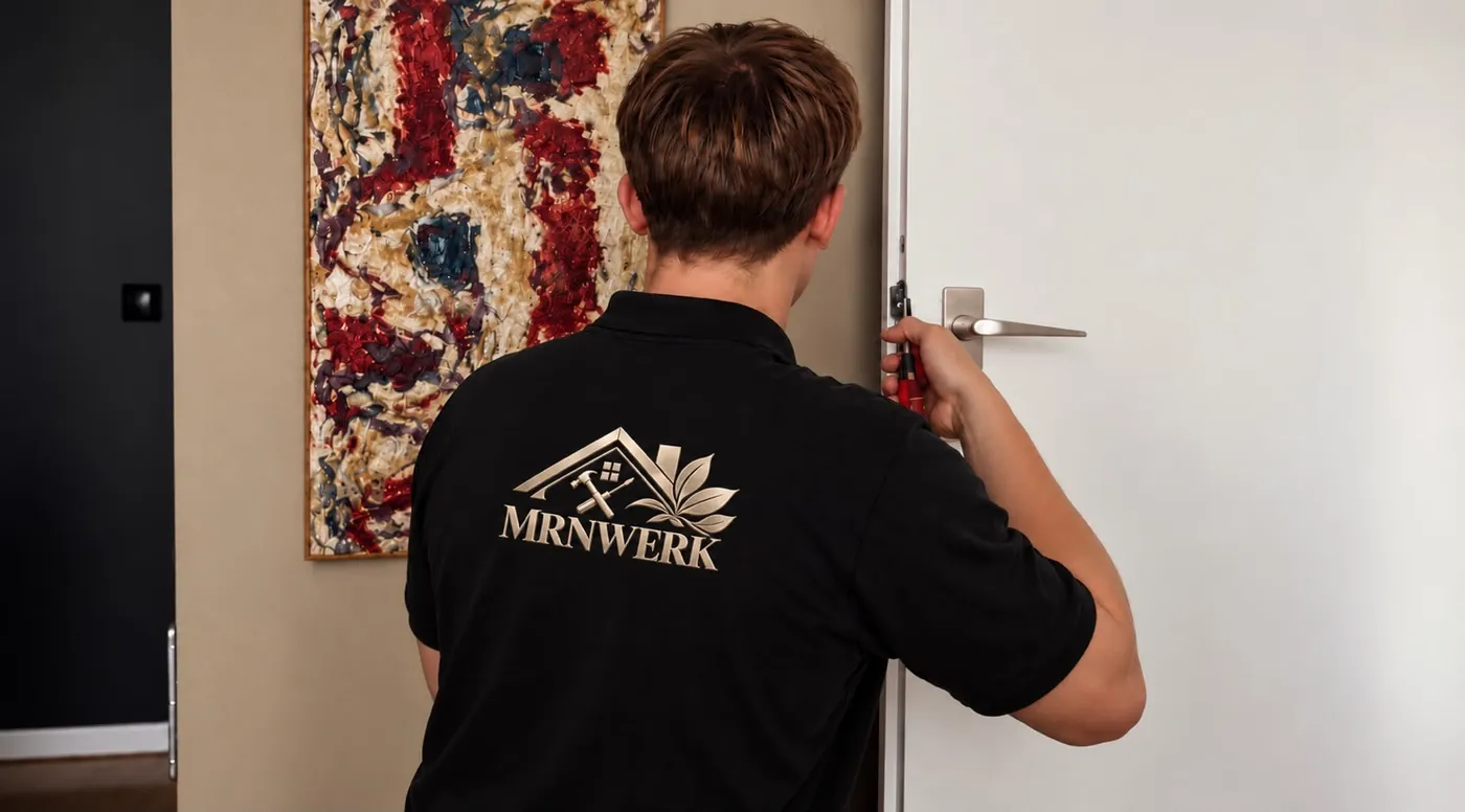 Handwerker von MRNWERK arbeitet am Türdrücker einer Innentür