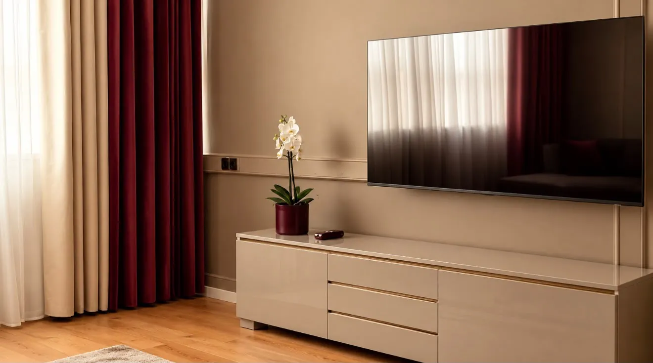 Nachher: fertig eingerichtetes Wohnzimmer mit Lowboard, Fernseher und Vorhängen